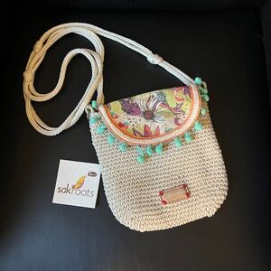 Sakroots Crochet Crossbody Bag Beige Peace Flap Turquoise Pom Pom Small New
